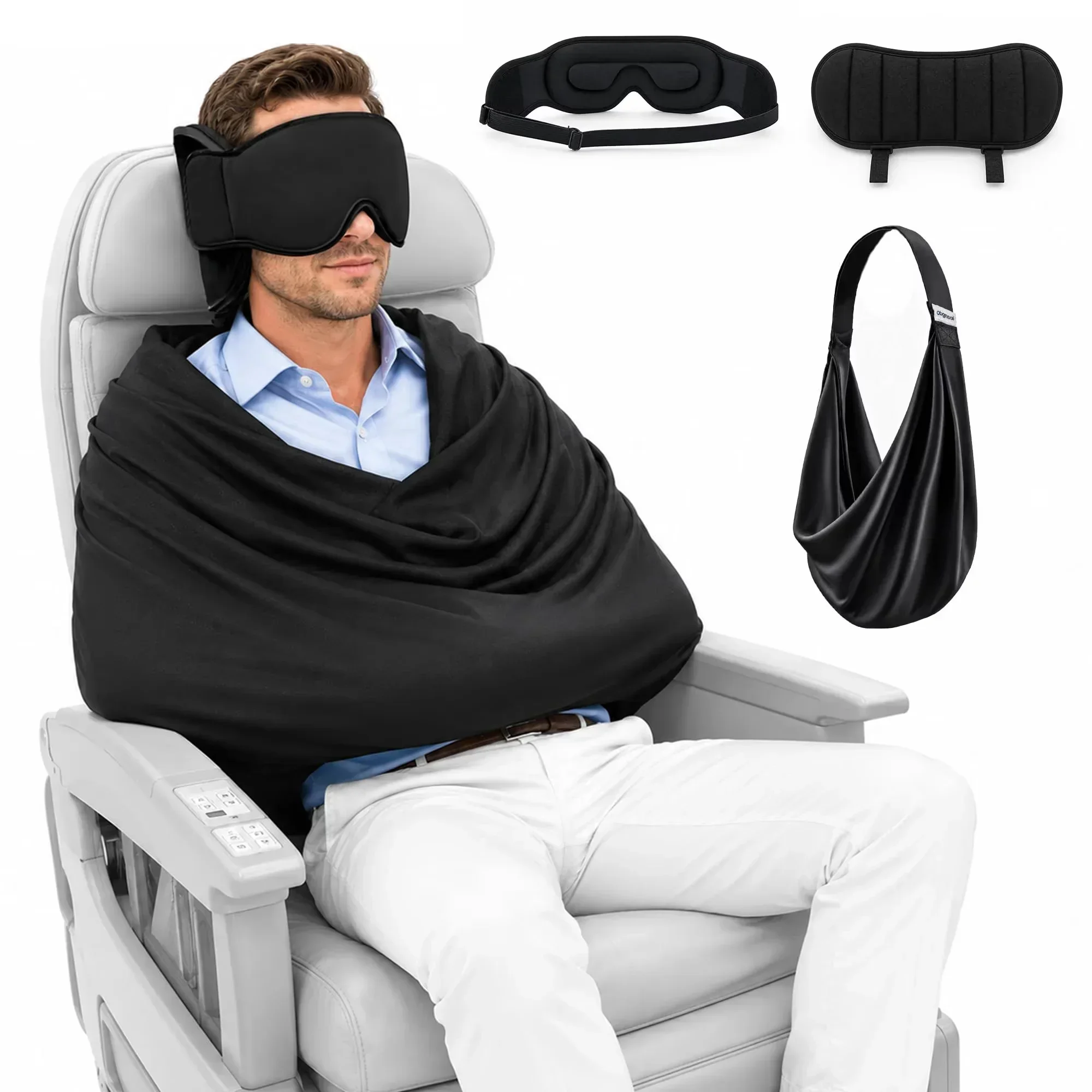 Travel Accessories Long Flight - NWE ระบบรองรับการนอนหลับบนเครื่องบิน 3-in-1 อุปกรณ์เสริมสำหรับนอนบนเครื่องบิน พร้อมหมอนรองคอเมมโมรี่โฟมสำหรับเที่ยวบินระยะไกล และที่ปิดตาสำหรับเดินทางแบบปรับได้