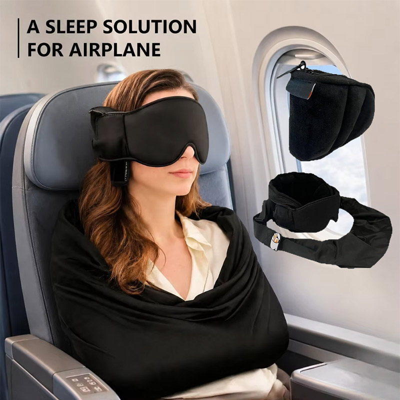 Travel Accessories Long Flight - ระบบรองรับการนอนหลับบนเครื่องบินแบบ 3-in-1 อุปกรณ์เสริมสำหรับการนอนบนเครื่องบิน พร้อมหมอนรองคอเมมโมรี่โฟมสำหรับเที่ยวบินระยะไกล และที่ปิดตาสำหรับเดินทางแบบปรับได้