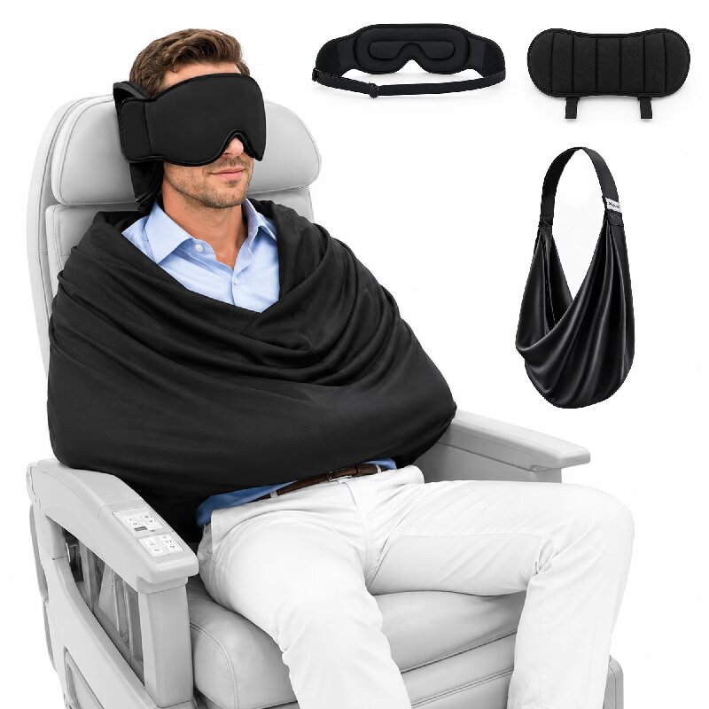 Travel Accessories Long Flight - ชุดอุปกรณ์นอนหลับบนเครื่องบิน 3-in-1 หมอนรองคอเมมโมรี่โฟม ผ้าปิดตาปรับได้ ผ้าห่ม สายรัดตัว